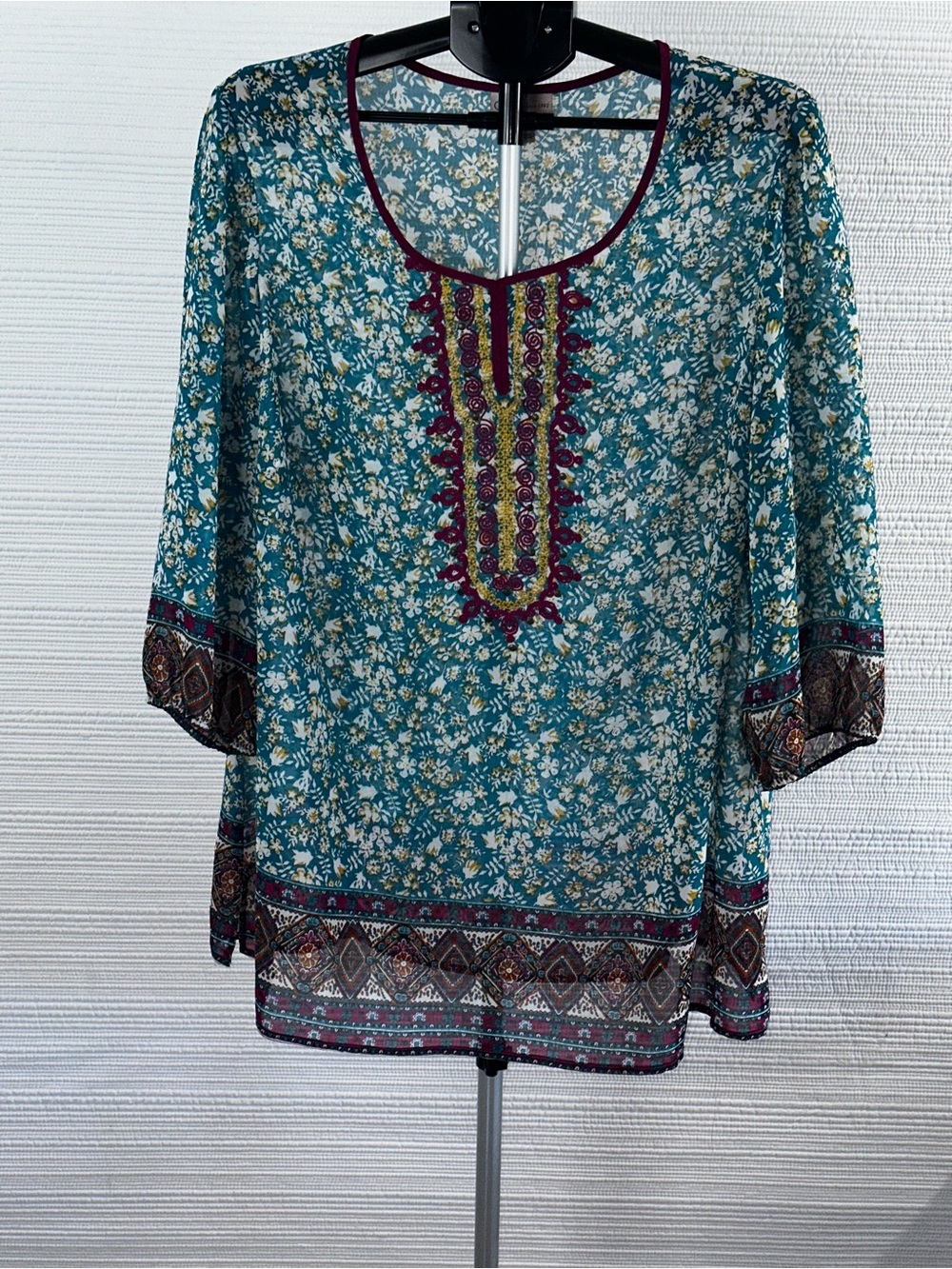 C&B Boho Floral Tunic Top 3/4 Sleeve Sz 2X Boho Chic Relaxed Feminine